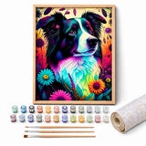 Neon Collie Paint by Numbers Kit: complete kit with framed artwork, numbered paint pots and brushes