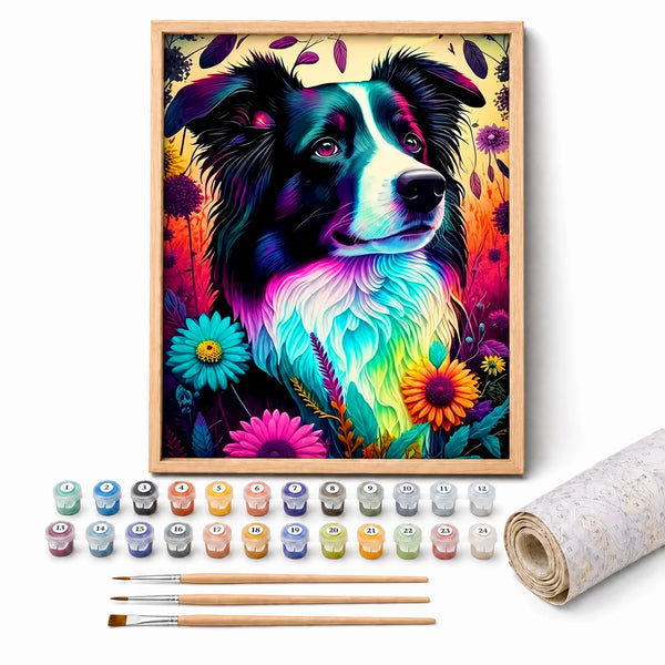 Neon Collie Paint by Numbers Kit: complete kit with framed artwork, numbered paint pots and brushes
