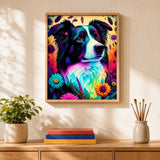 Neon Collie Paint by Numbers Kit: finished canvas displayed in a living room