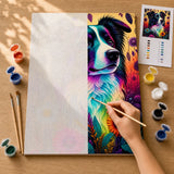 Neon Collie Paint by Numbers Kit: before and after: numbered canvas and hand painted result