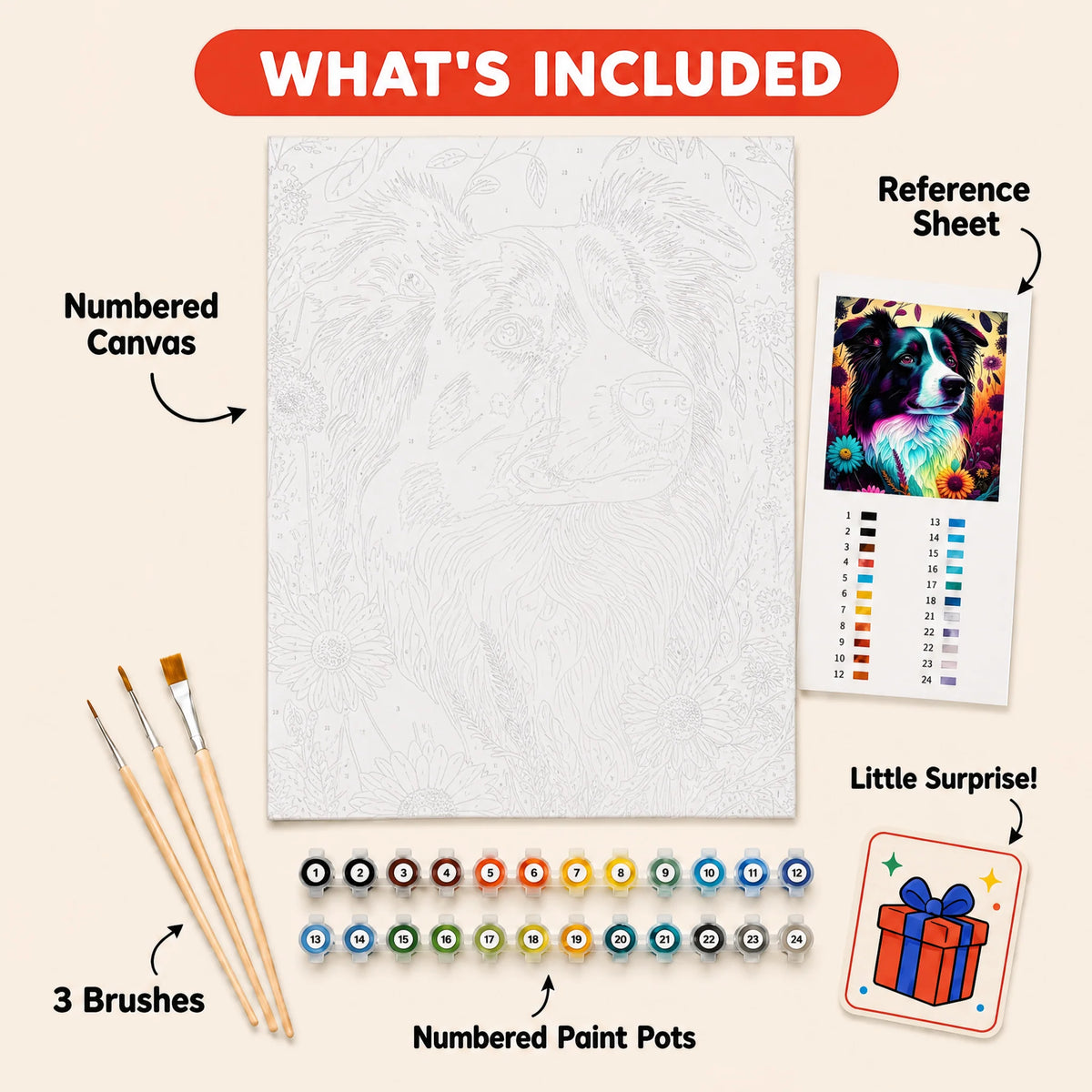 Neon Collie Paint by Numbers Kit: everything included in the kit