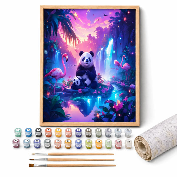 Neon Jungle Panda Paint by Numbers Kit: complete kit with framed artwork, numbered paint pots and brushes