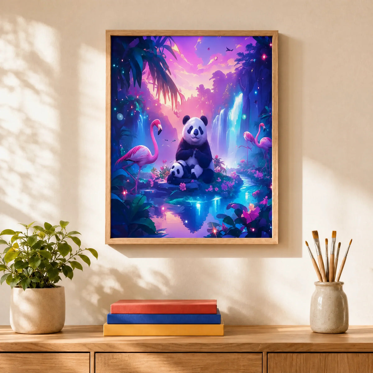 Neon Jungle Panda Paint by Numbers Kit: finished canvas displayed in a living room