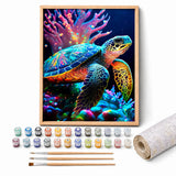 Neon Sea Turtle Paint by Numbers Kit: complete kit with framed artwork, numbered paint pots and brushes