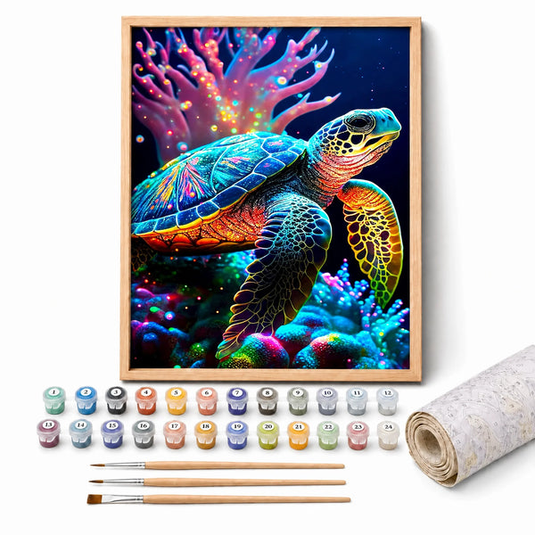 Neon Sea Turtle Paint by Numbers Kit: complete kit with framed artwork, numbered paint pots and brushes