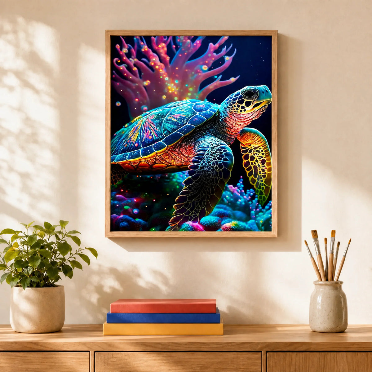 Neon Sea Turtle Paint by Numbers Kit: finished canvas displayed in a living room