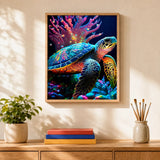 Neon Sea Turtle Paint by Numbers Kit: finished canvas displayed in a living room