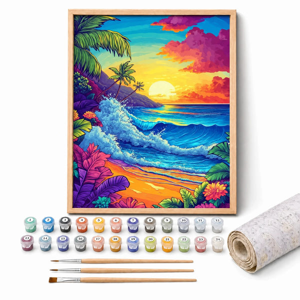 Neon Sunset Wave Paint by Numbers Kit: complete kit with framed artwork, numbered paint pots and brushes