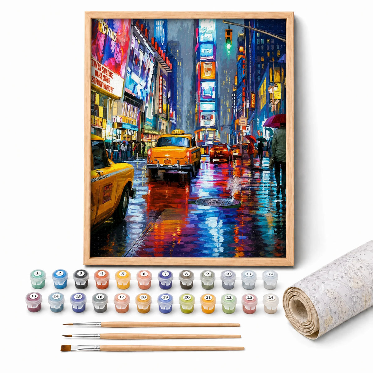 New York Neon Rain Paint by Numbers Kit: complete kit with framed artwork, numbered paint pots and brushes