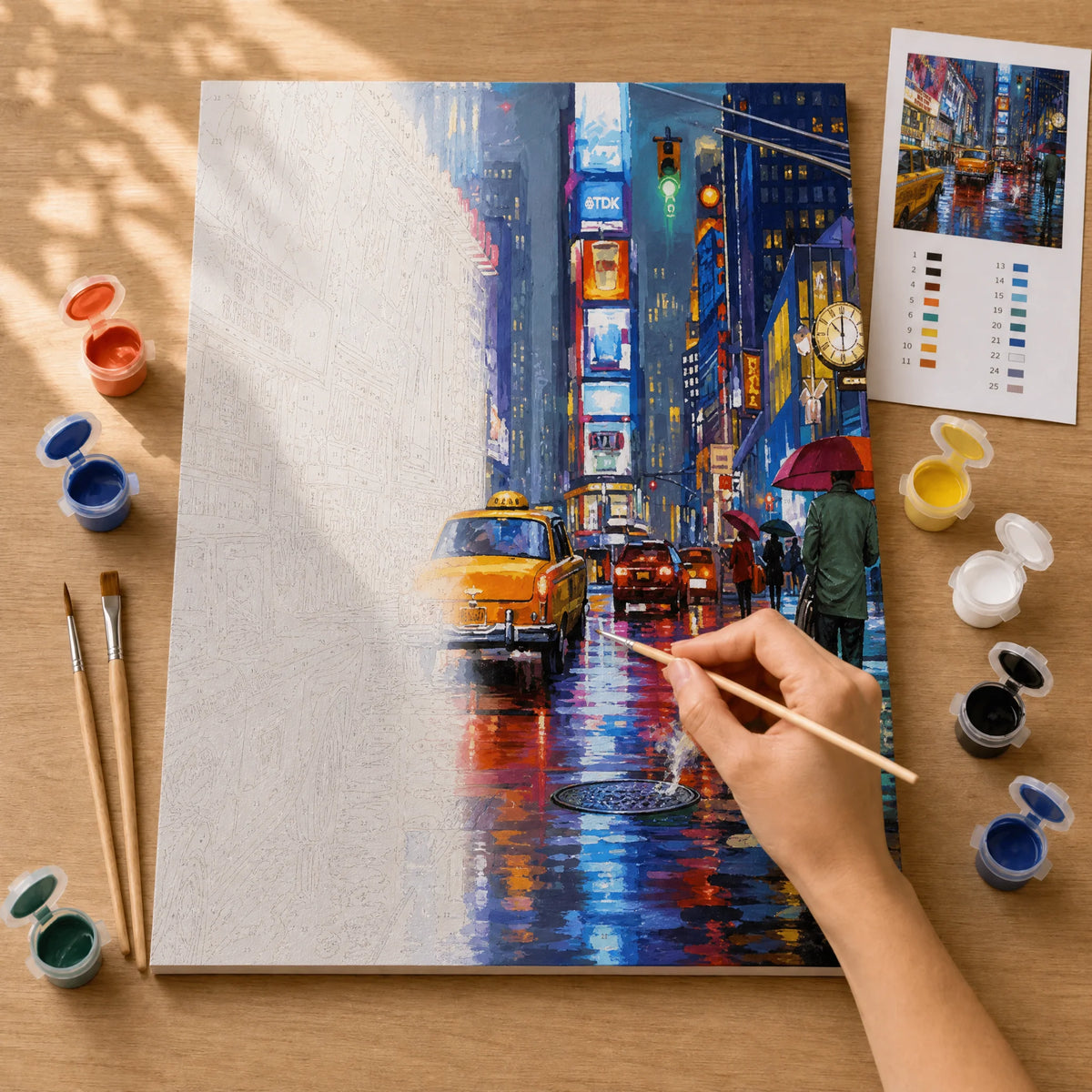 New York Neon Rain Paint by Numbers Kit: before and after: numbered canvas and hand painted result