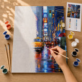 New York Neon Rain Paint by Numbers Kit: before and after: numbered canvas and hand painted result