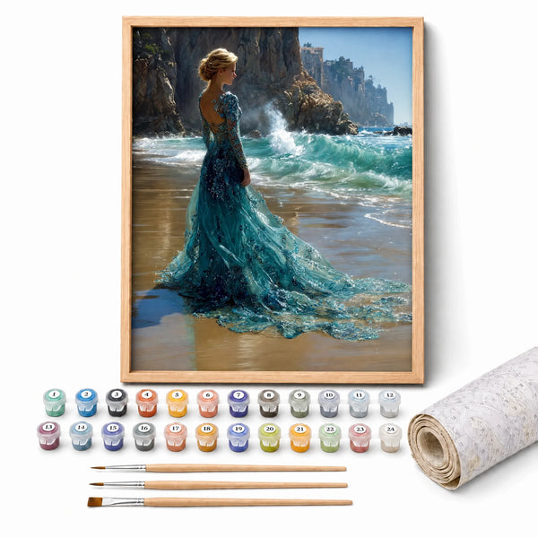 Ocean Gown Paint by Numbers Kit: complete kit with framed artwork, numbered paint pots and brushes
