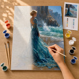 Ocean Gown Paint by Numbers Kit: before and after: numbered canvas and hand painted result