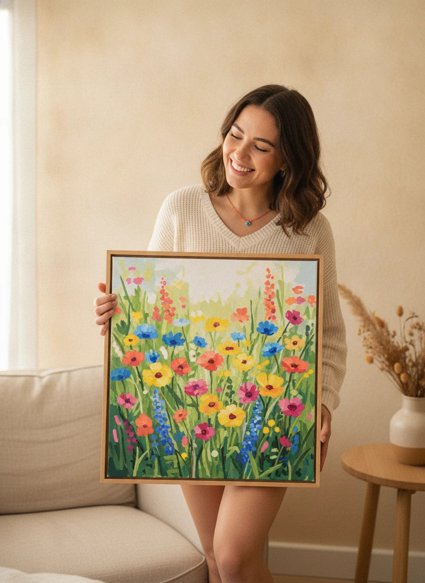 Smiling woman holding her finished colorful wildflower paint by numbers canvas in a wood frame
