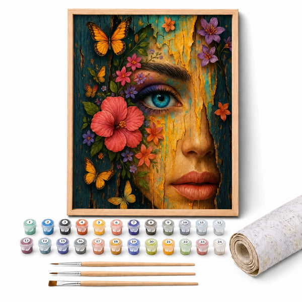 Painted Gaze Paint by Numbers Kit: complete kit with framed artwork, numbered paint pots and brushes