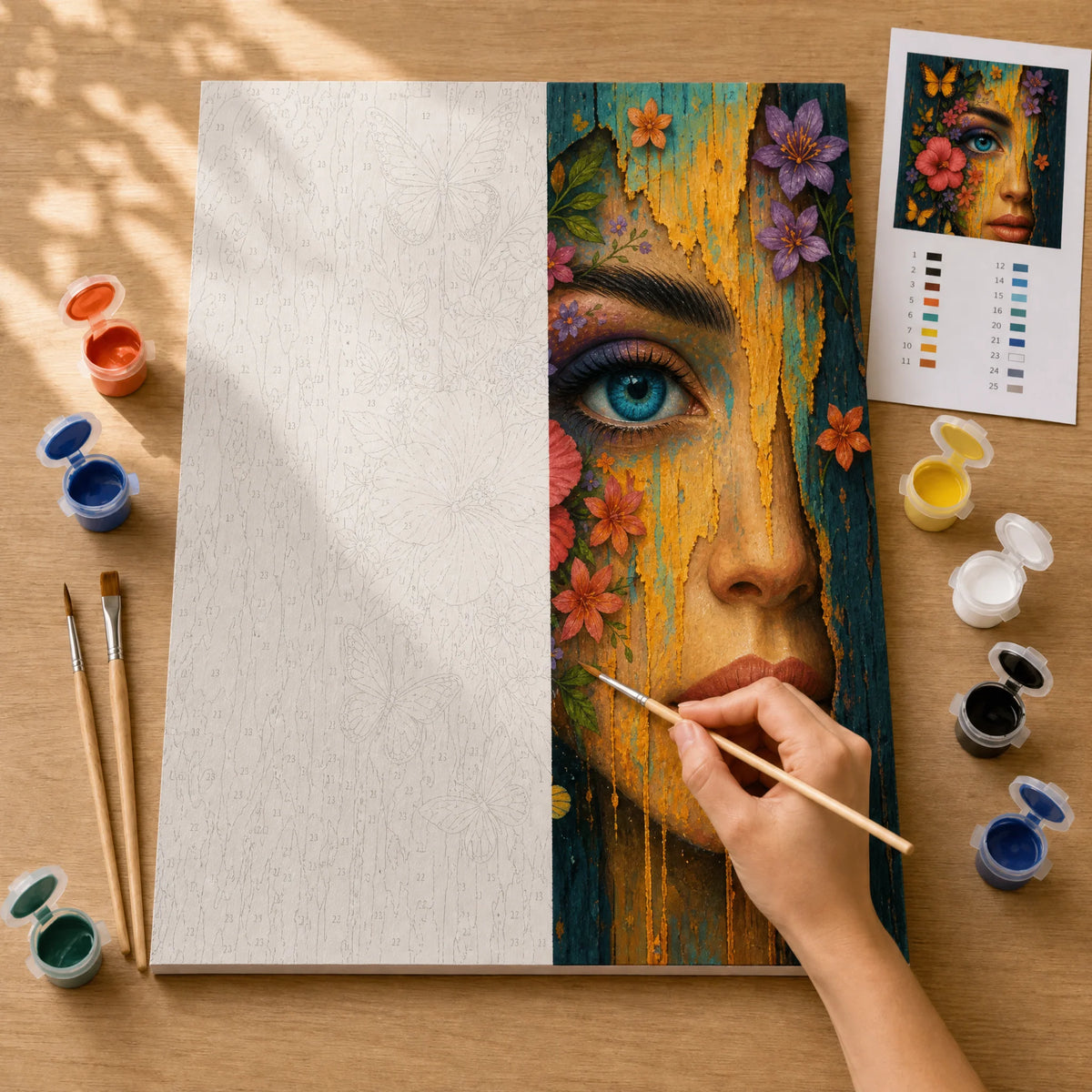 Painted Gaze Paint by Numbers Kit: before and after: numbered canvas and hand painted result
