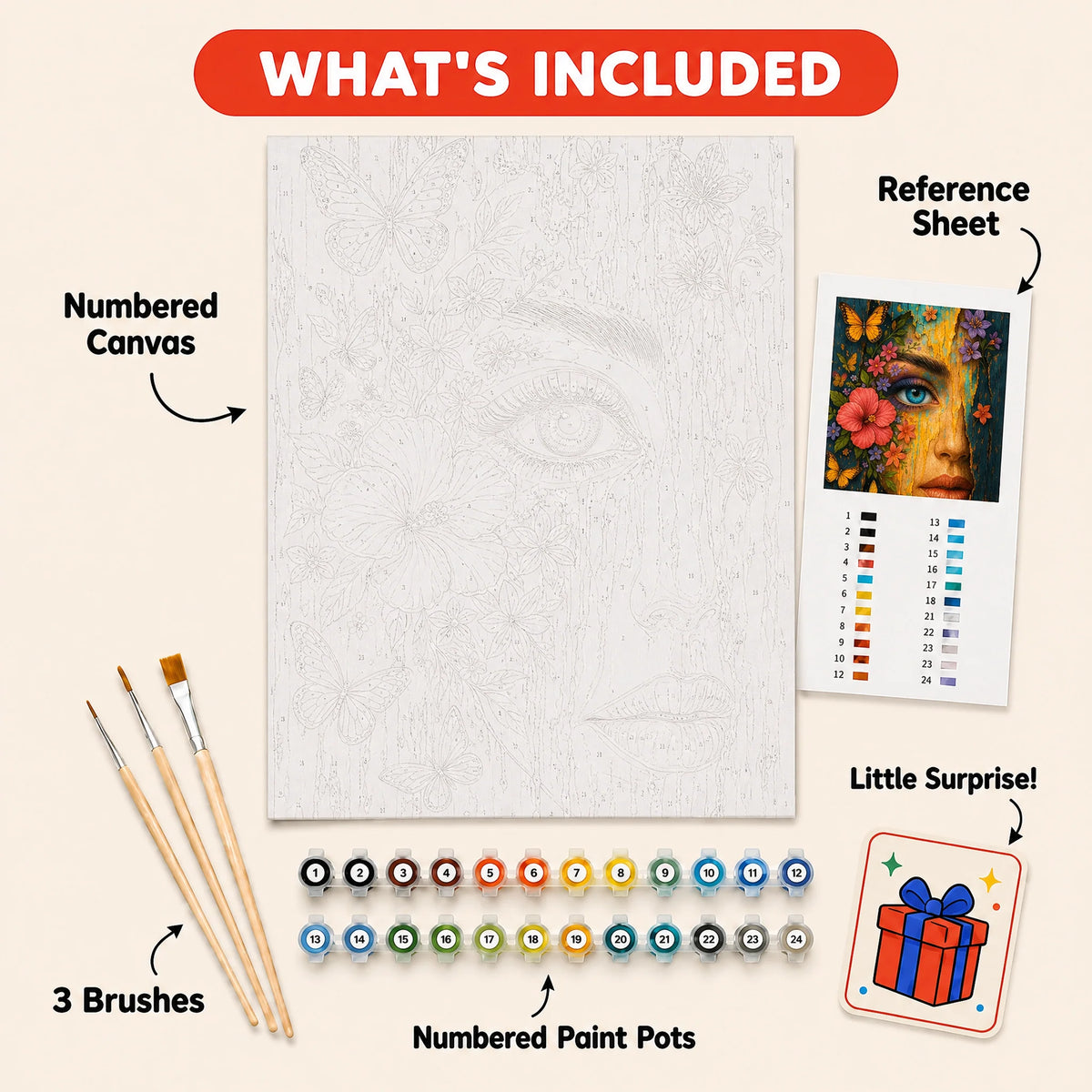 Painted Gaze Paint by Numbers Kit: everything included in the kit