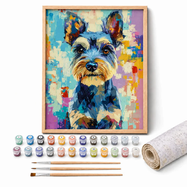 Painted Schnauzer Paint by Numbers Kit: complete kit with framed artwork, numbered paint pots and brushes