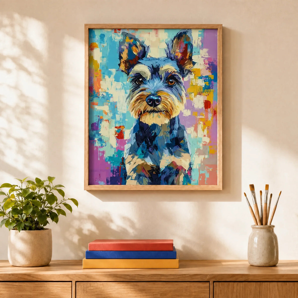 Painted Schnauzer Paint by Numbers Kit: finished canvas displayed in a living room