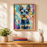 Painted Schnauzer Paint by Numbers Kit: finished canvas displayed in a living room