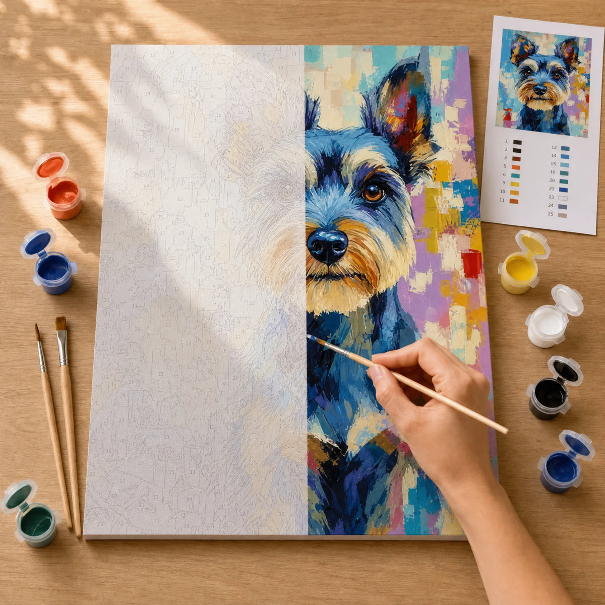 Painted Schnauzer Paint by Numbers Kit: before and after: numbered canvas and hand painted result