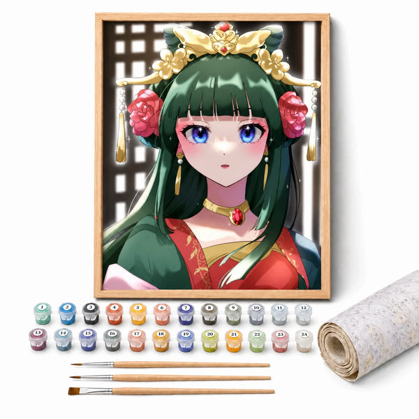 Palace Maiden Paint by Numbers Kit: complete kit with framed artwork, numbered paint pots and brushes