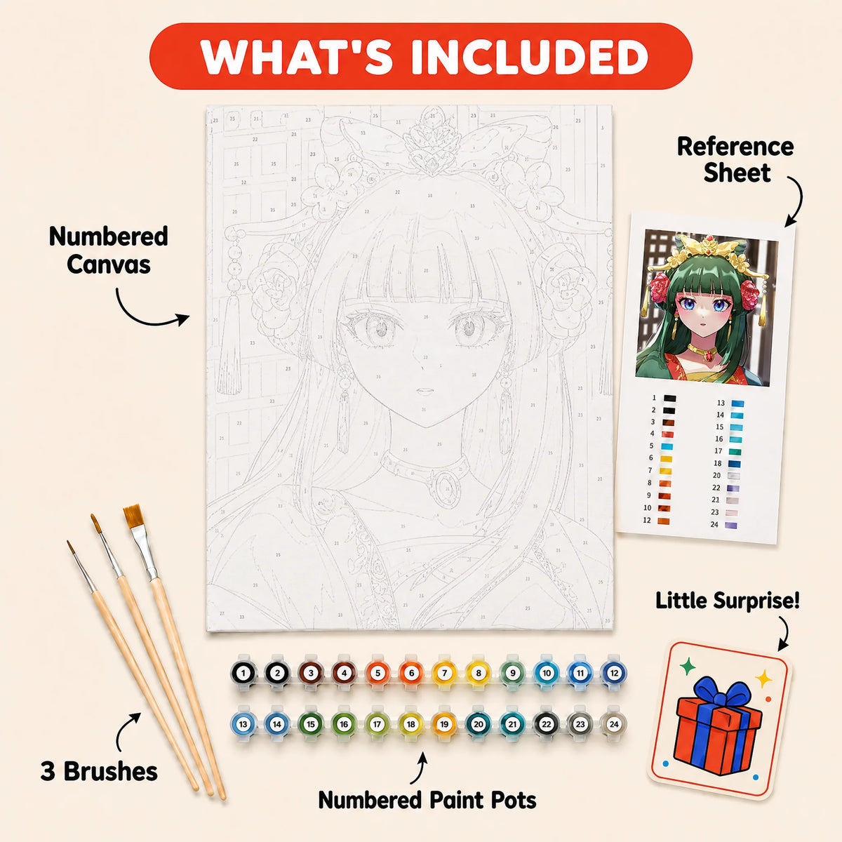 Palace Maiden Paint by Numbers Kit: everything included in the kit