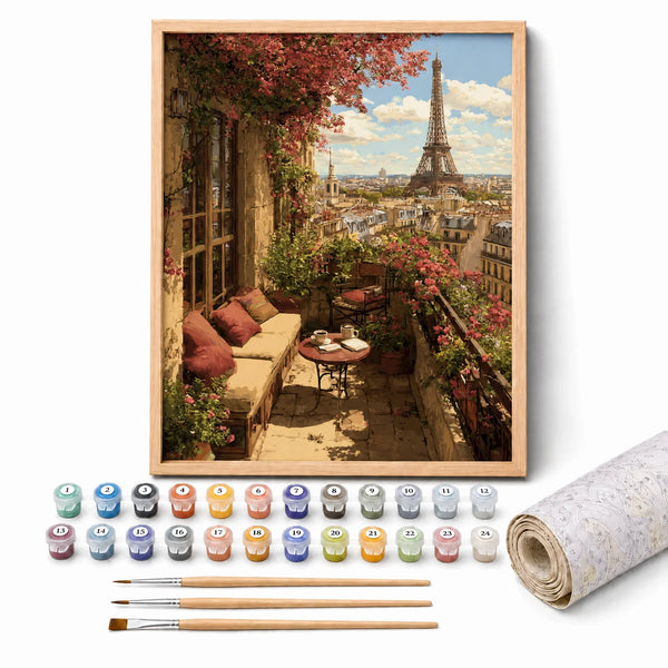 Paris Balcony Paint by Numbers Kit: complete kit with framed artwork, numbered paint pots and brushes