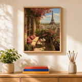 Paris Balcony Paint by Numbers Kit: finished canvas displayed in a living room