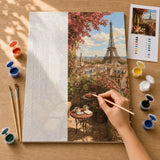 Paris Balcony Paint by Numbers Kit: before and after: numbered canvas and hand painted result