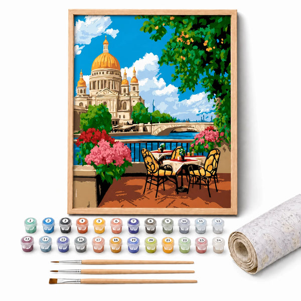 Paris Cafe Terrace Paint by Numbers Kit: complete kit with framed artwork, numbered paint pots and brushes