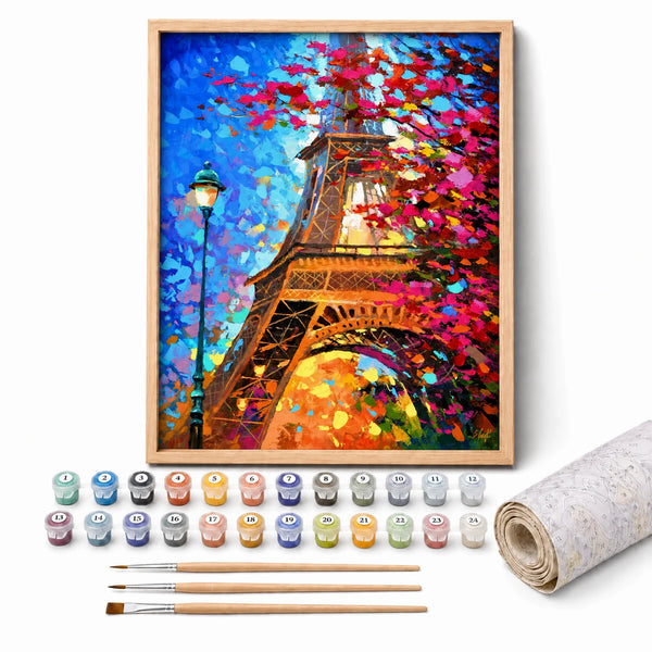 Paris in Red Paint by Numbers Kit: complete kit with framed artwork, numbered paint pots and brushes