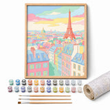 Pastel Paris Rooftops Paint by Numbers Kit: complete kit with framed artwork, numbered paint pots and brushes