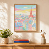 Pastel Paris Rooftops Paint by Numbers Kit: finished canvas displayed in a living room