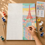 Pastel Paris Rooftops Paint by Numbers Kit: before and after: numbered canvas and hand painted result