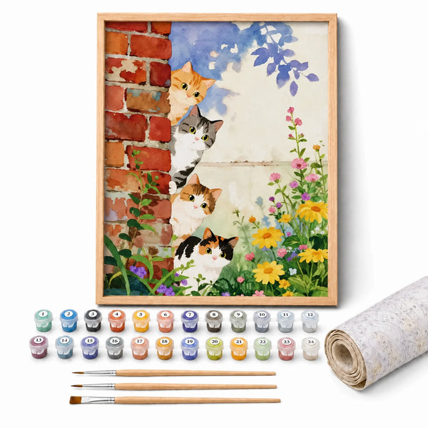 Peekaboo Kittens Paint by Numbers Kit: complete kit with framed artwork, numbered paint pots and brushes