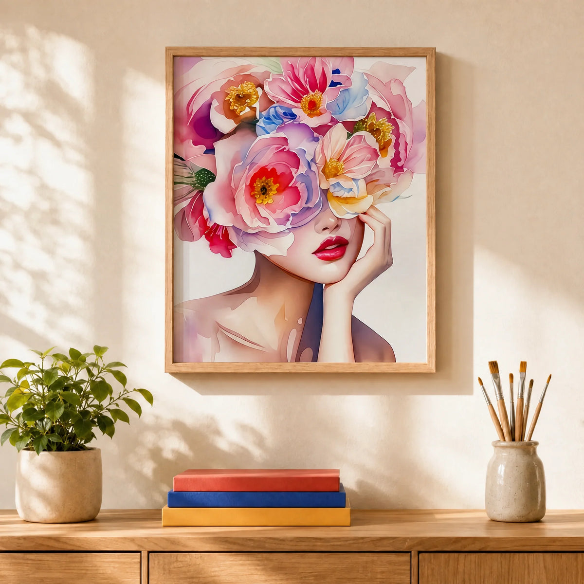 Peony Daydream Paint by Numbers Kit: finished canvas displayed in a living room