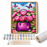 Peony Purse Butterflies Paint by Numbers Kit: complete kit with framed artwork, numbered paint pots and brushes