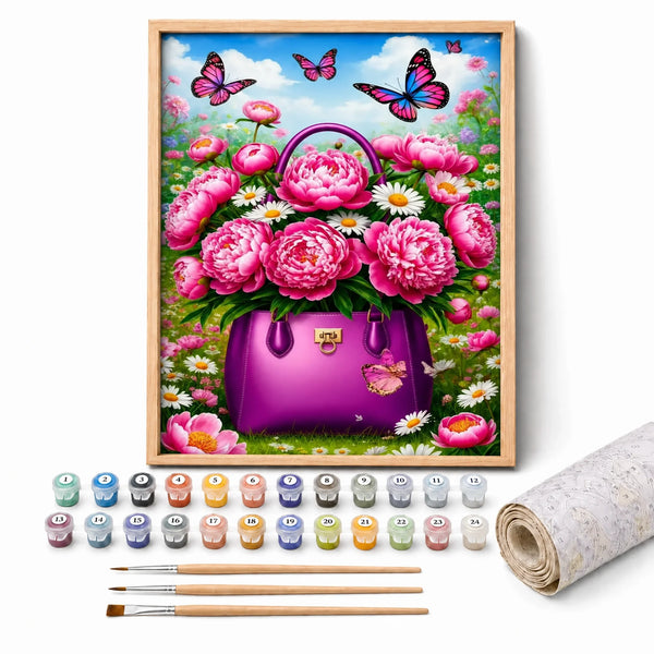 Peony Purse Butterflies Paint by Numbers Kit: complete kit with framed artwork, numbered paint pots and brushes