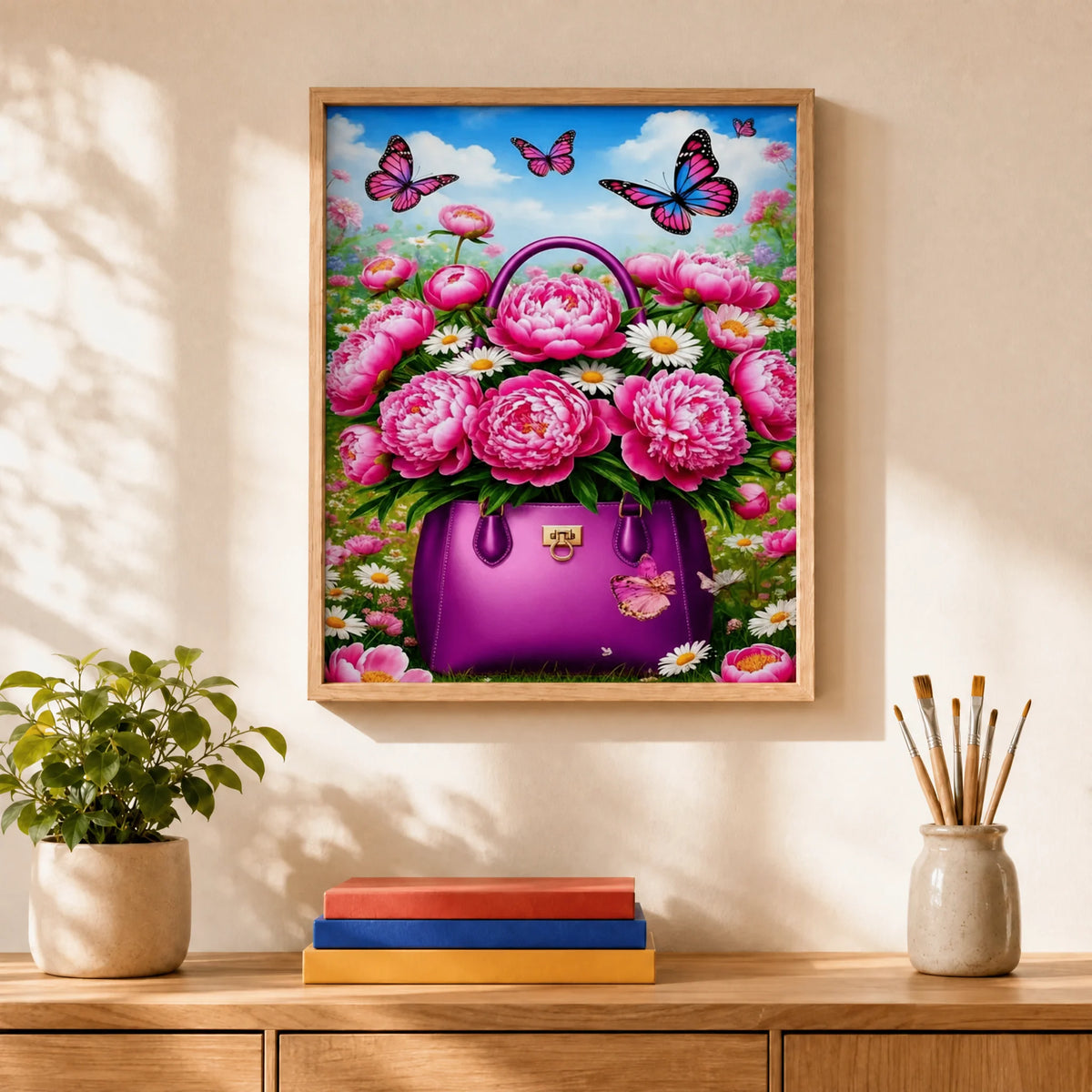 Peony Purse Butterflies Paint by Numbers Kit: finished canvas displayed in a living room