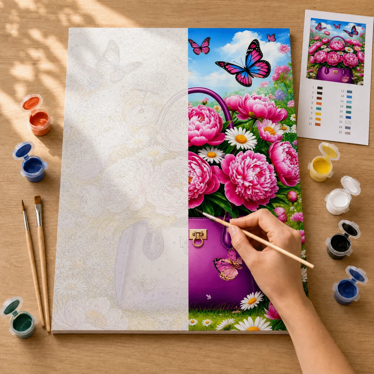 Peony Purse Butterflies Paint by Numbers Kit: before and after: numbered canvas and hand painted result