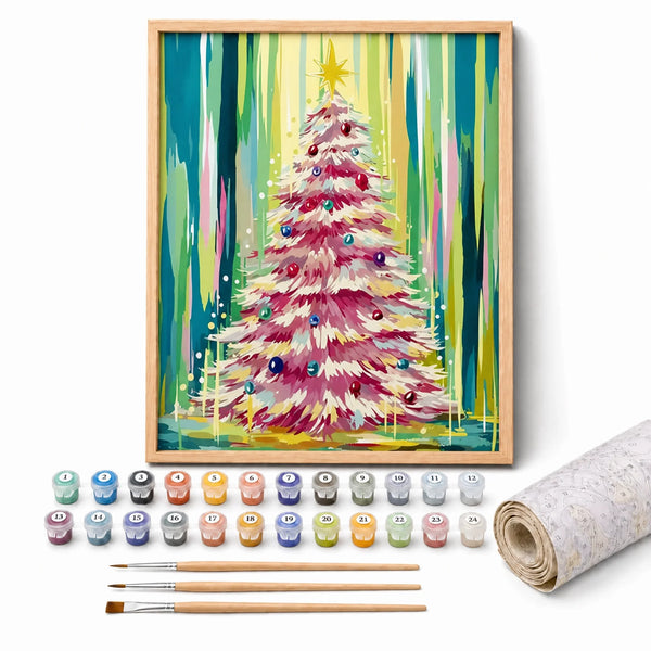 Pink Christmas Tree Paint by Numbers Kit: complete kit with framed artwork, numbered paint pots and brushes