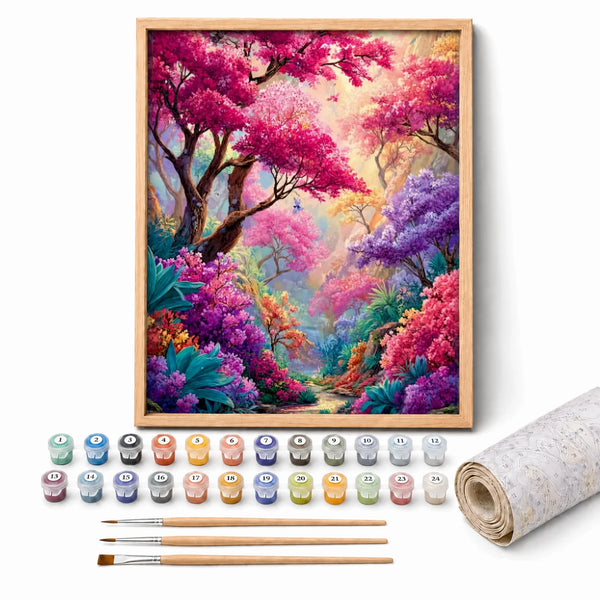 Pink Dream Forest Paint by Numbers Kit: complete kit with framed artwork, numbered paint pots and brushes