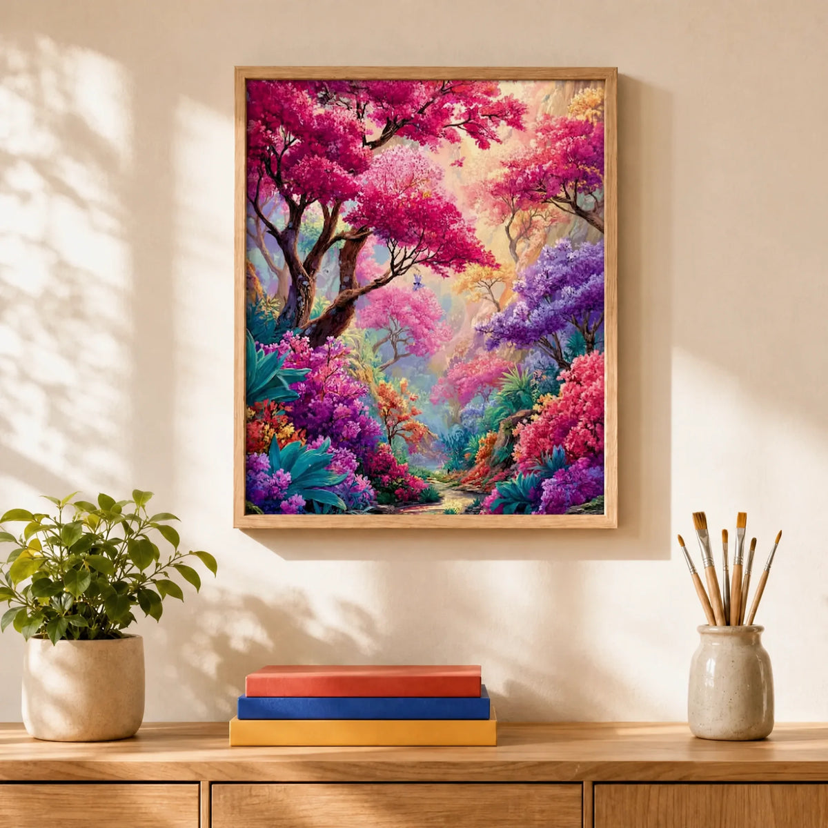 Pink Dream Forest Paint by Numbers Kit: finished canvas displayed in a living room