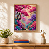 Pink Dream Forest Paint by Numbers Kit: finished canvas displayed in a living room