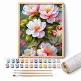 Pink Peonies Paint by Numbers Kit: complete kit with framed artwork, numbered paint pots and brushes