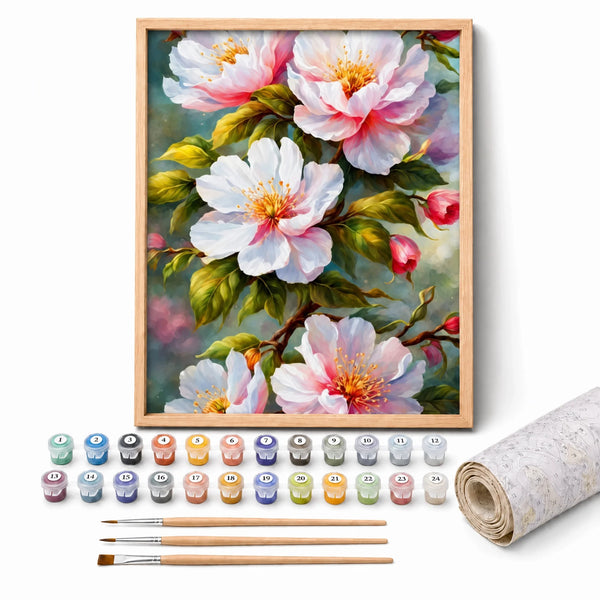 Pink Peonies Paint by Numbers Kit: complete kit with framed artwork, numbered paint pots and brushes