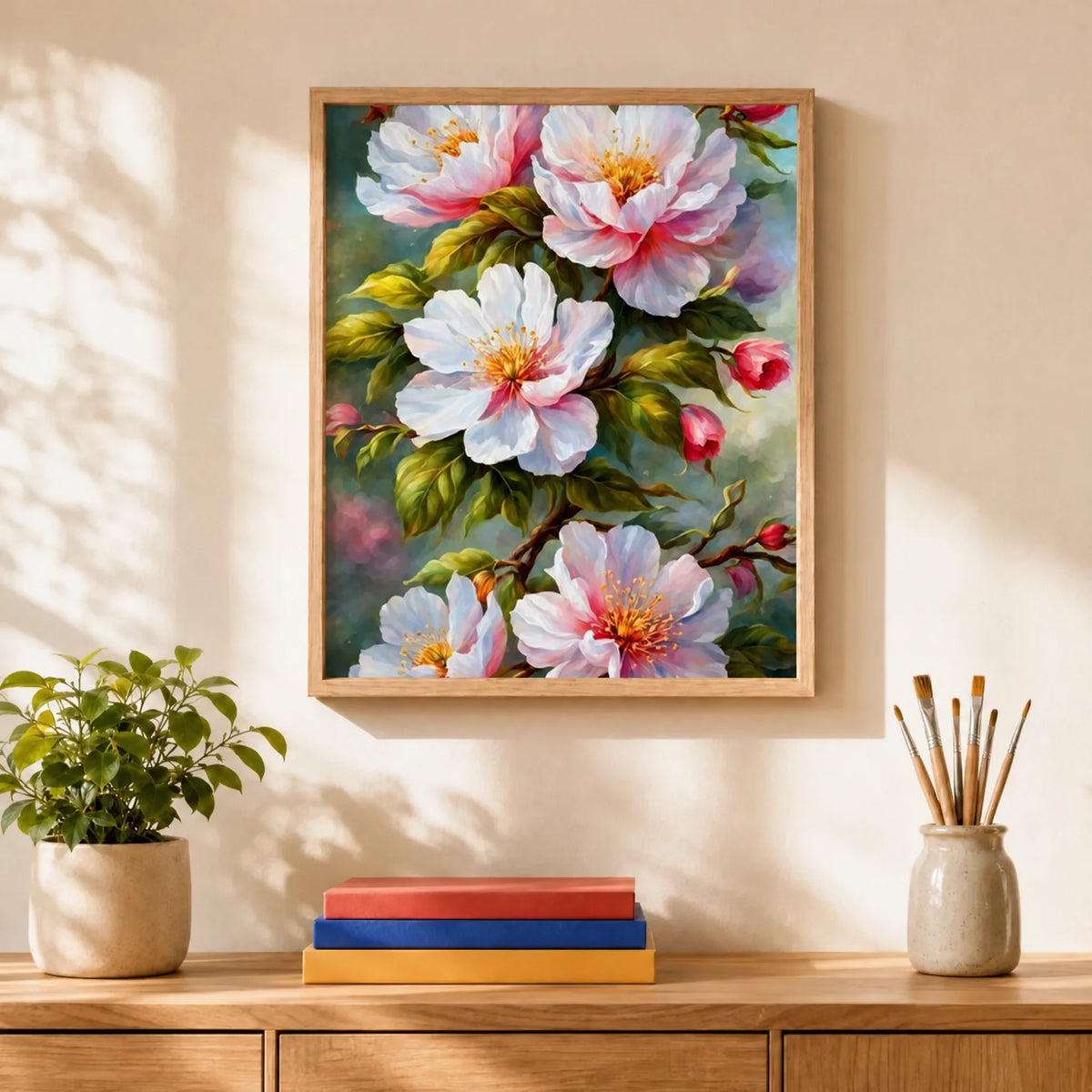Pink Peonies Paint by Numbers Kit: finished canvas displayed in a living room