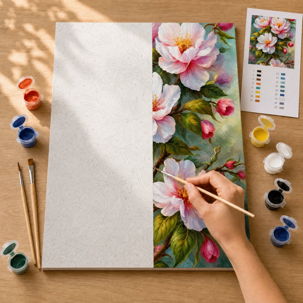 Pink Peonies Paint by Numbers Kit: before and after: numbered canvas and hand painted result