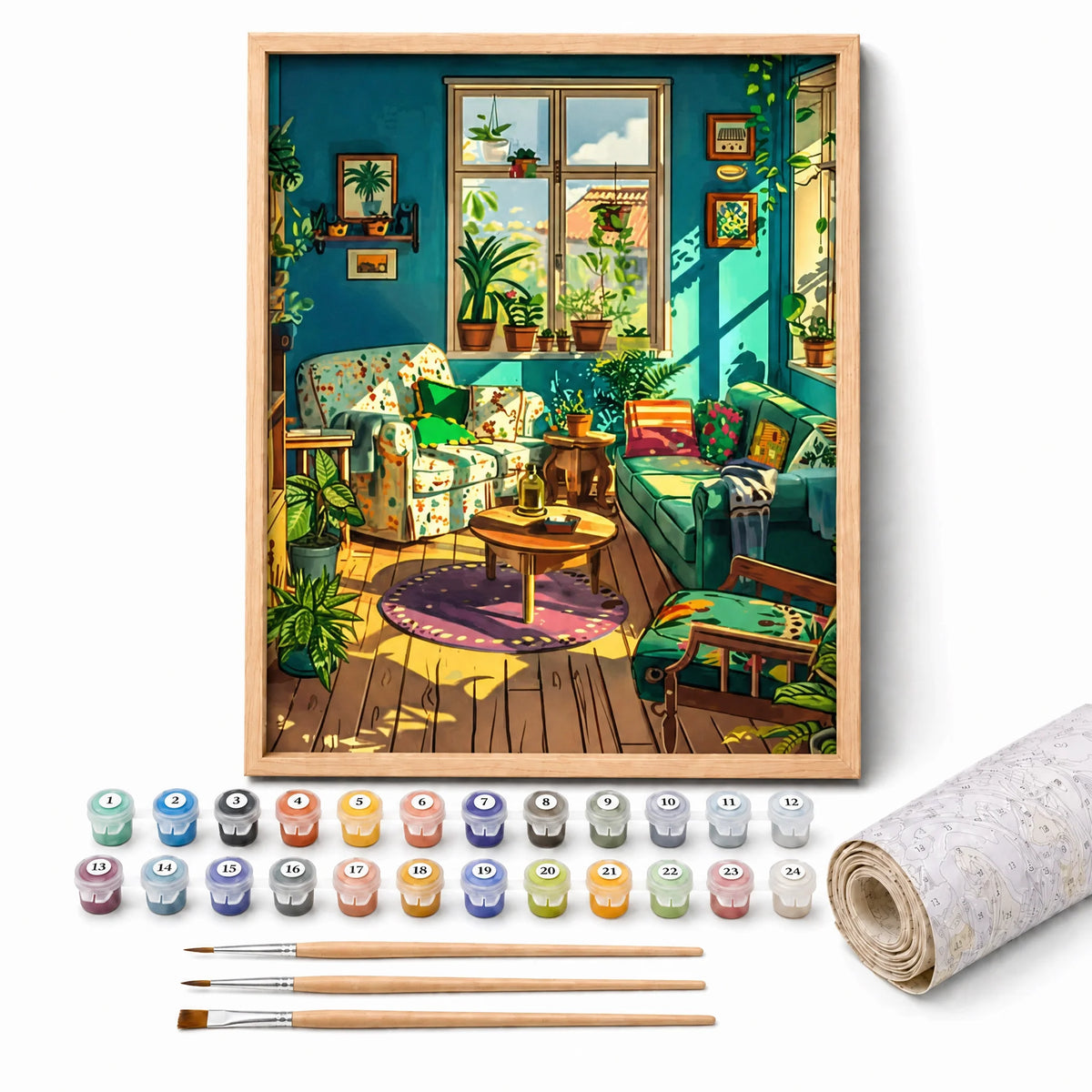 Plant Lover Living Room Paint by Numbers Kit: complete kit with framed artwork, numbered paint pots and brushes